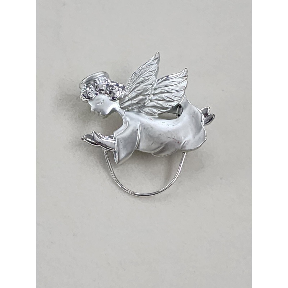Vtg Angel Brooch Pin Badge Holder Silver Tone Satin Finish Beautifully Made 1½"